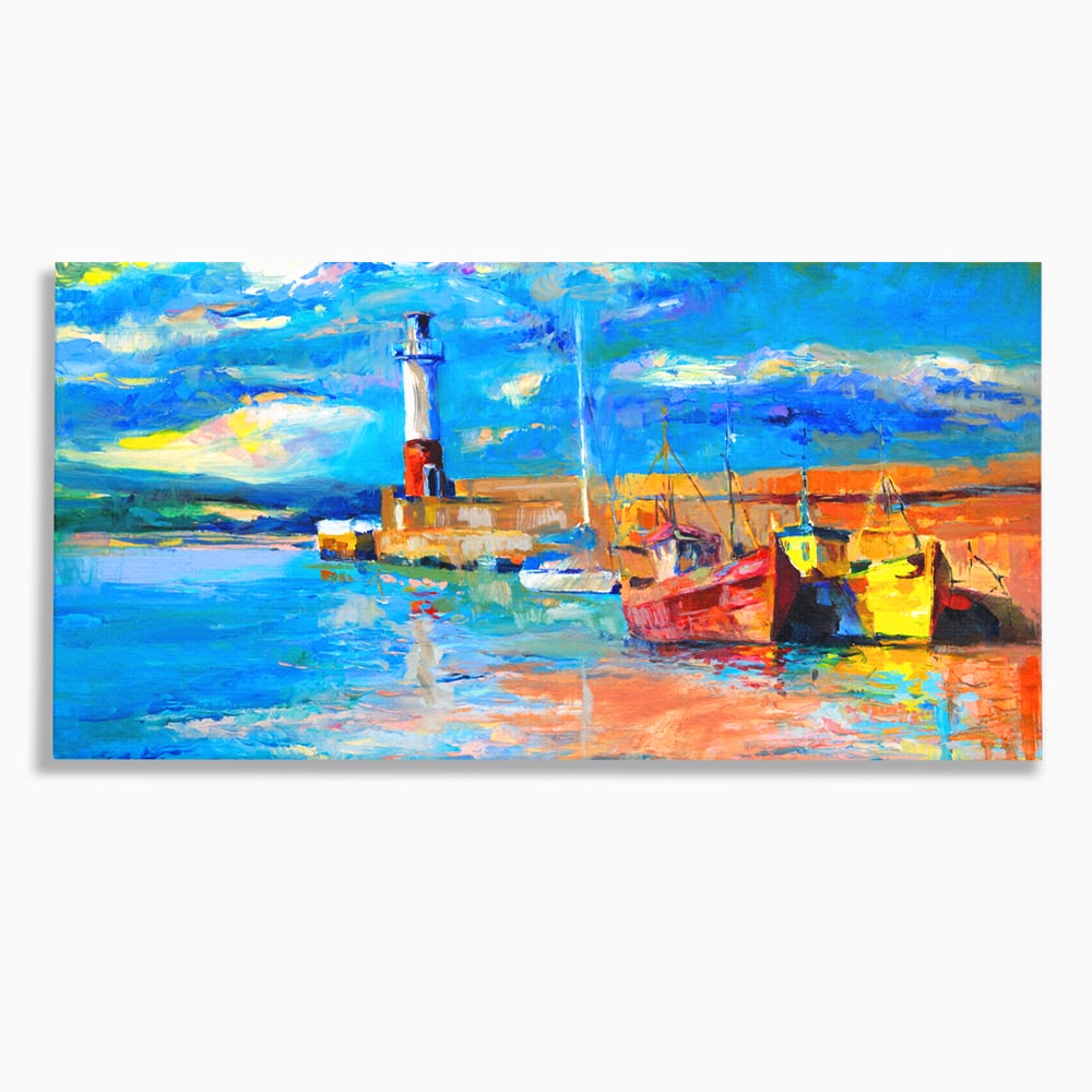 Tablou canvas cu tablou canvas cu far si barci, fara rama, pe sasiu de lemn